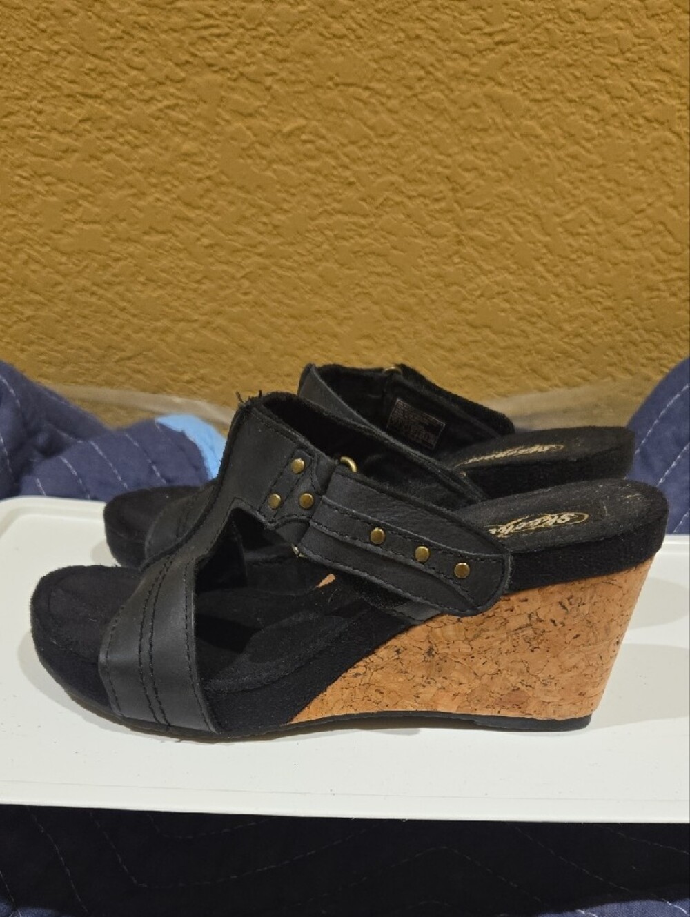 Skechers Black Leather-Look Open-Toe Wedge Mules
